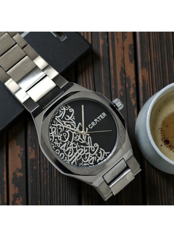 كريتر  طقم رجالي فاخر يتكون من ساعة تصميم ملكي من الستانلس ستيل، مينا كلاسيكي مقاومة للماء وسبحة وقلم وازرار اكمام - Image 3