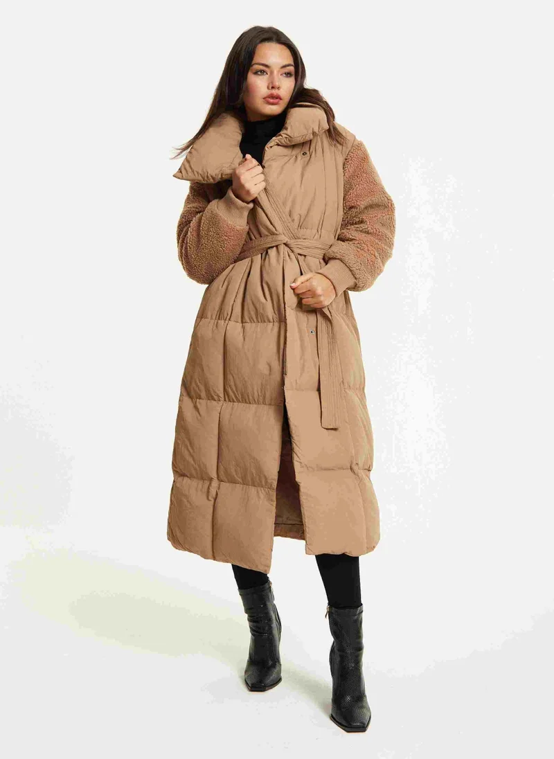 Liquorish Camel Longline Belted Puffer Coat