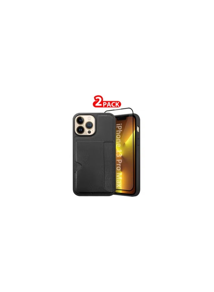 CATANES iPhone 13 Pro Max 2Packs Case Leather Antifingerprint Cover with Wallet Card Slot Shell, Side Insert Card Holder, Anti Fall Protection - Black  - Image 1