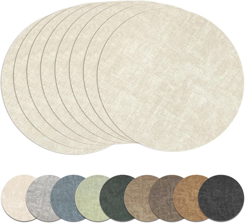 NCUE 13" Round Placemats Set of 8, Reversible Faux Leather Heat Resistant Table Mats, 100% Waterproof Oilproof Wipeable Table Protective Placemats for Vinyl, Washable for Indoor & Outdoor Use (8, Beige) - Image 1