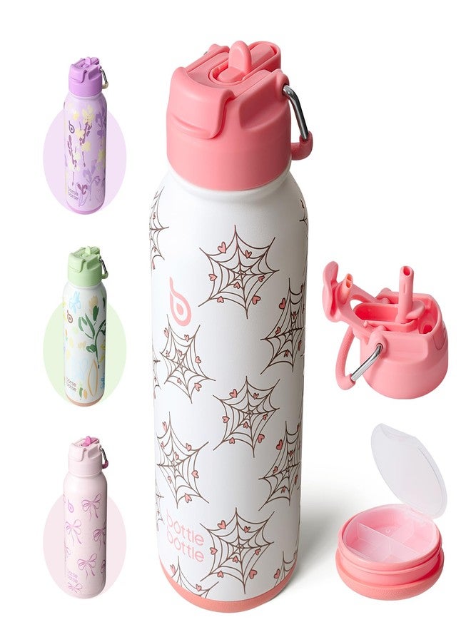 BOTTLE BOTTLE 32oz Insulated Water Bottle Stainless Steel Sport Water Bottle with Straw Dual-use Lid Design for Gym with Pill Box(Cupid Web) - Image 1