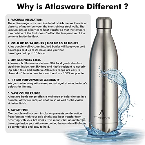 Atlasware زجاجة ATLASWARE المعزولة تحافظ على برودة المشروبات لمدة 18 ساعة وسخونة المشروبات لمدة 24 ساعة - من الدرجة الغذائية، مع خاصية خالية من BPA والمواد السامة وجدار مزدوج معزول بالفراغ، هدية رائعة للجميع | رمادي | 1000 مل - Image 4