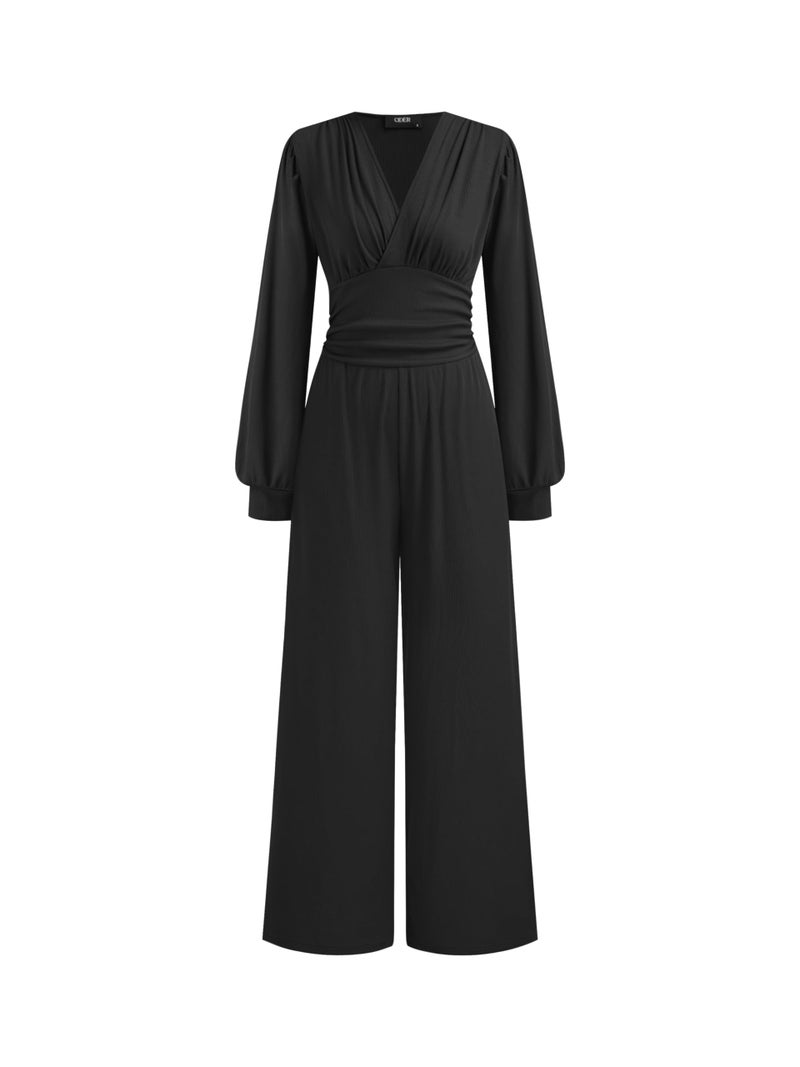 CIDER Jumpsuits for Women Long Sleeve V Neck Wide Leg Dressy Date Night Romper Casual One Piece Outfits with Pockets Trendy - Image 1