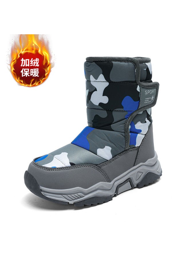 Of Children's Snow Boots, Mid-to-large Size Children's Winter Fleece-lined Warm Cotton Shoes, High-top Camouflage Children's Big Cotton Boots