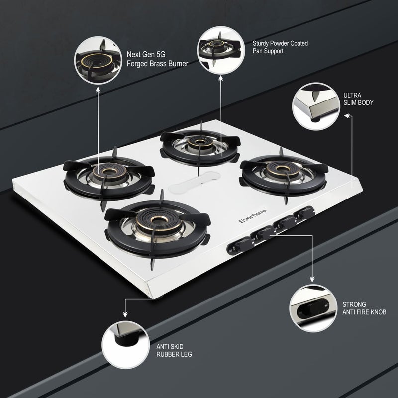 Everflame Pearl 4 Burner Gas Stove Heavy Durable Stainless Steel Cooktop NexGen 5G Forged Brass Burner Spill Proof 2 Years Back to Back Warranty Free Doorstep Service - Image 5