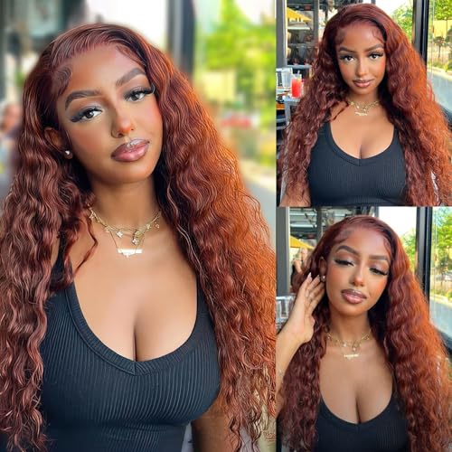 Mairead 28 Inch Long Curly Synthetic Lace Front Wigs for Women Middle Part Red Ginger Deep Wave Wig 4" Simulated Scalp Crimps Curls Hair Replacement Wigs for Daily Party Use 350# - Image 1