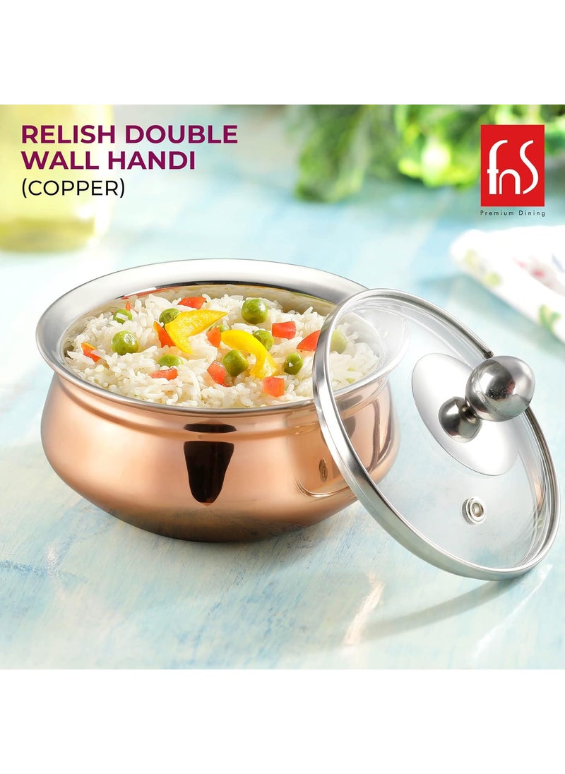 FNS - FNS Relish Stainless Steel Copper Finish Double Wall Handi with Glass Lid - (Small) - Image 1