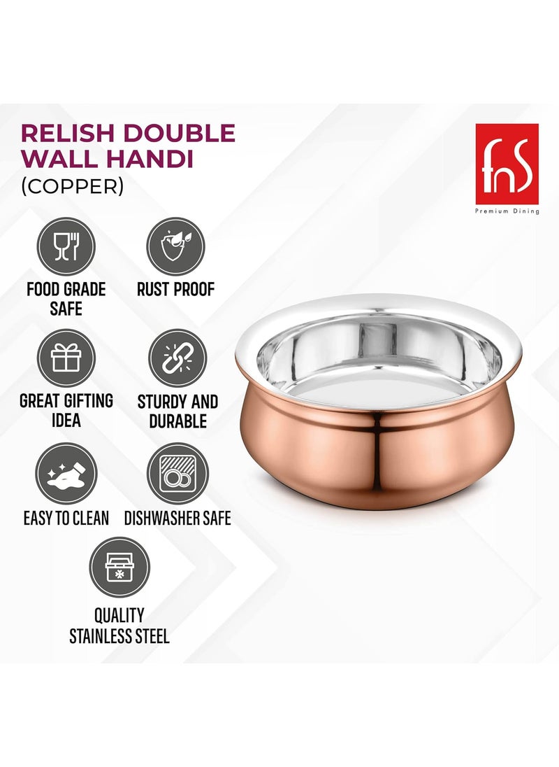 FNS - FNS Relish Stainless Steel Copper Finish Double Wall Handi with Glass Lid - (Small) - Image 1