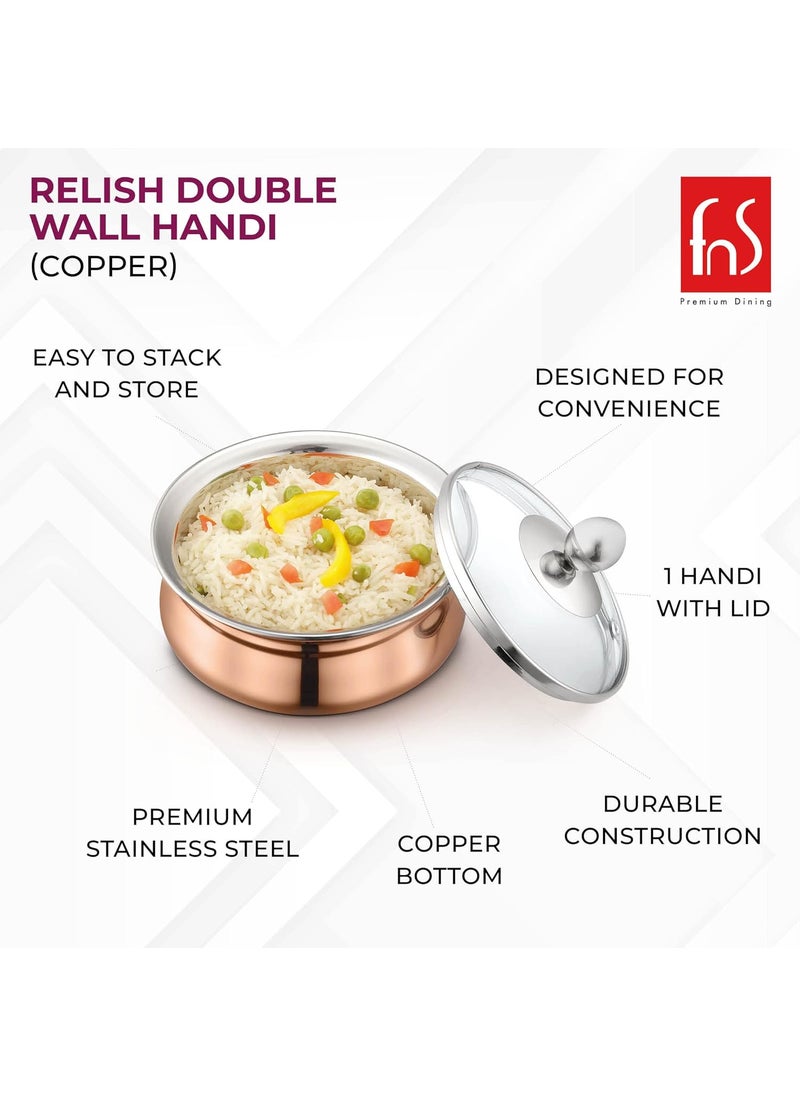FNS - FNS Relish Stainless Steel Copper Finish Double Wall Handi with Glass Lid - (Small) - Image 1