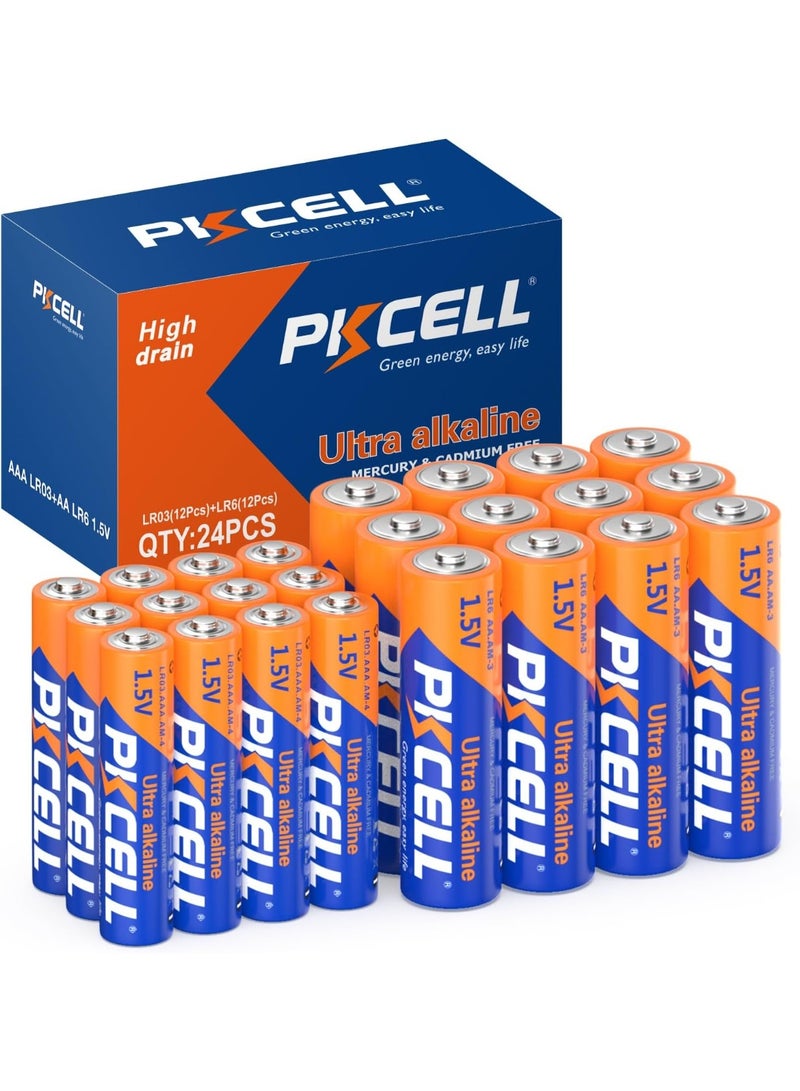 PKCELL AA and AAA Batteries Combo Pack 24 Count - 12 Double AA Batteries and 12 Triple AAA Batteries, 1.5V High-Performance Alkaline Heavy Duty Batteries Value Pack, 10-Year Shelf Life - Image 1