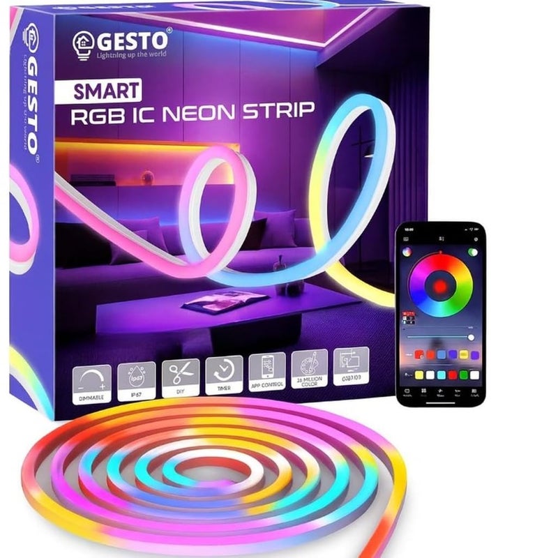 Gesto Smart RGB IC Neon LED Strip Light 5 Meter – App, Remote & Music Sync RGB Lights – Ip67 Waterproof Rope for Home Decor, Gaming, DIY Signs, Diwali Decoration – Adaptor Included - Image 1