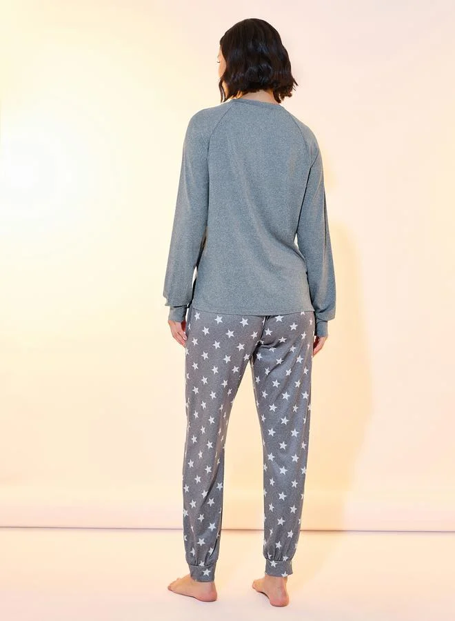 Take Two Plain Long Sleeve T-Shirt & Star Print Cuffed Pyjama Set