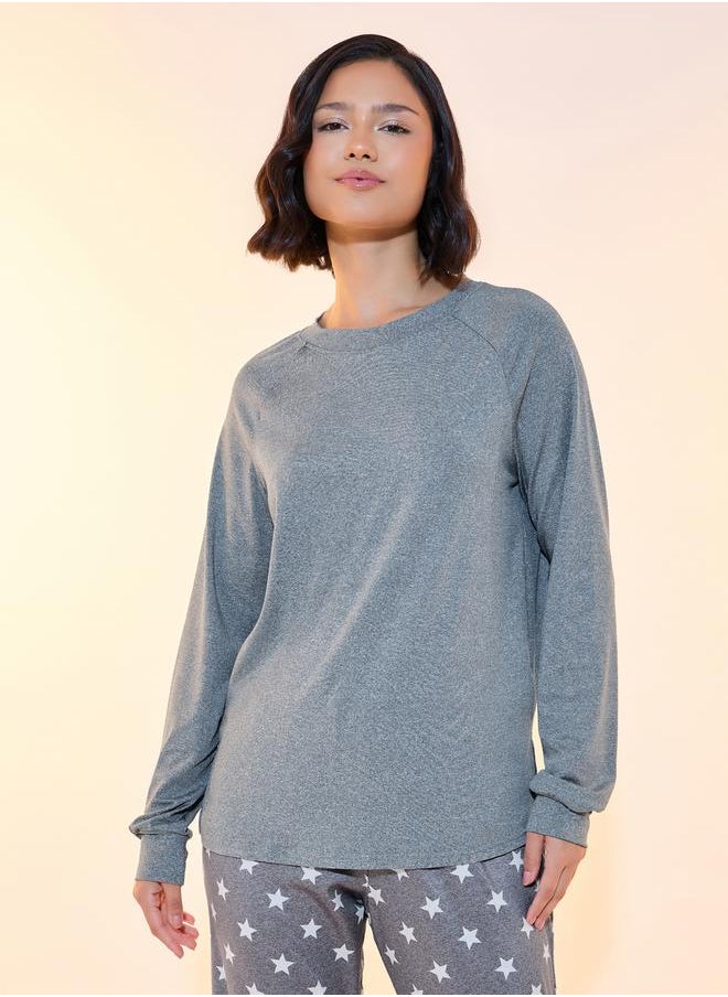 Styli - Plain Long Sleeve T-Shirt & Star Print Cuffed Pyjama Set - Image 1