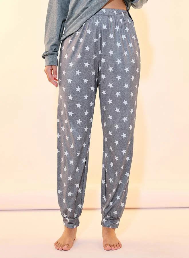 Take Two Plain Long Sleeve T-Shirt & Star Print Cuffed Pyjama Set