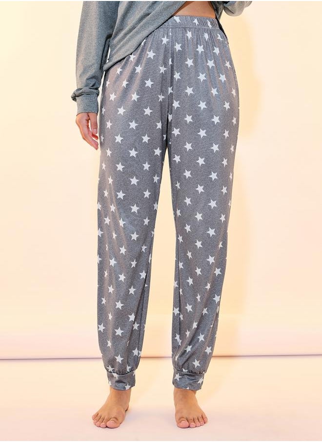 Styli - Plain Long Sleeve T-Shirt & Star Print Cuffed Pyjama Set - Image 1