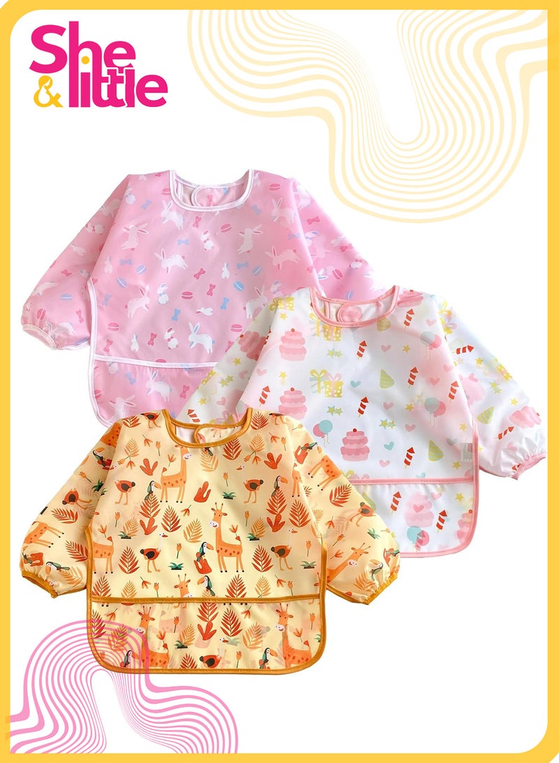 She&Little 3 Pack Long Sleeve Baby Bibs, Waterproof Full Sleeve Smock for Infant Toddler, Adjustable Back Tie, Large Catch-All Pocket, Ideal for 6-36 Months - Image 1