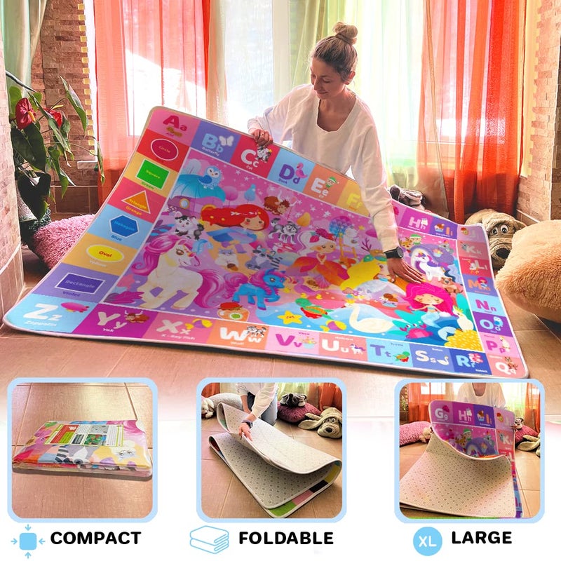 QUOKKA ABC Play Mat for Babies Toddlers & Kids - Super Soft Plush Extra Thick 0.3in Large Alphabet Nursery Rug with Unicorn Princess - Padded Foldable Non-Slip Mat - Gift for Boys and Girls - Image 4