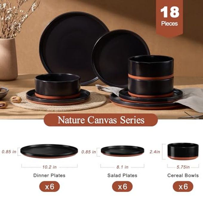 LIANYU Plates And Bowls Sets, 18 Pieces Stoneware Dinnerware Set For 6, Modern Kitchen Dinner Set Ceramic Dishware Dishes Set, Microwave And Dishwasher Safe, Charcoal Black - Image 5