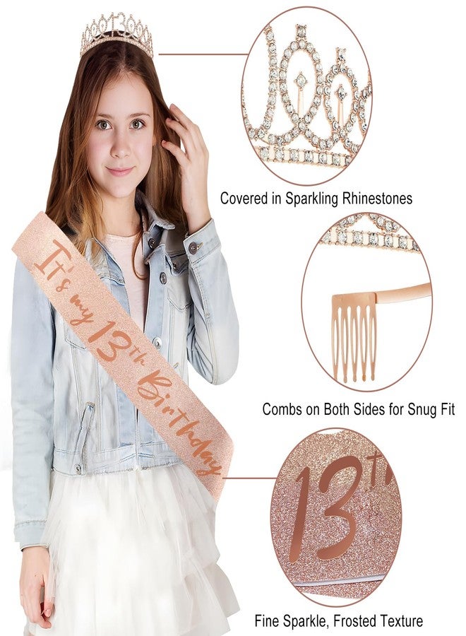 Uiorgui 13th Birthday Decorations for Girls, 33pcs It's My 13th Birthday Crown and Sash, Black Rose Gold 13 th Banner Balloons Backdrop Hanging Swirls Paper Fans, 13 Years Old Party Supplies - Image 4
