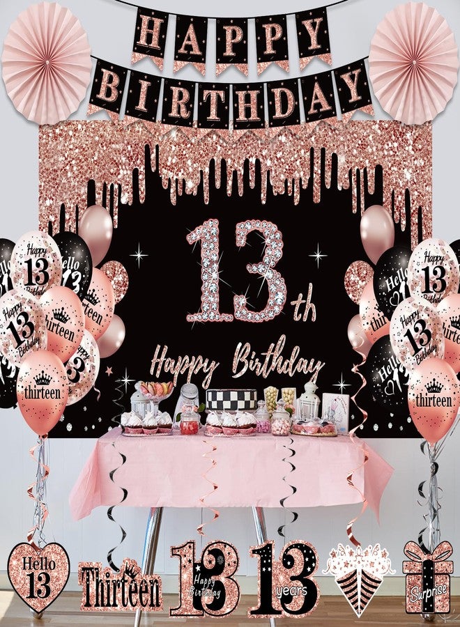 Uiorgui 13th Birthday Decorations for Girls, 33pcs It's My 13th Birthday Crown and Sash, Black Rose Gold 13 th Banner Balloons Backdrop Hanging Swirls Paper Fans, 13 Years Old Party Supplies - Image 5