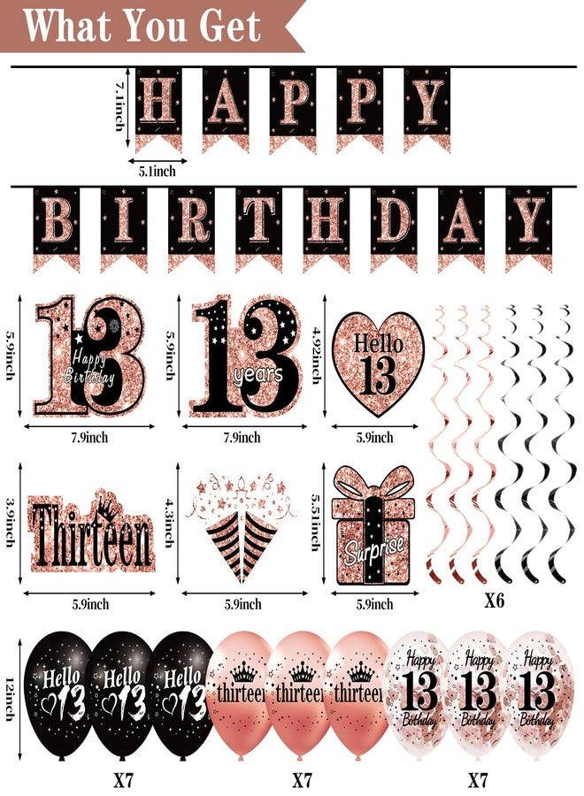 Uiorgui 13th Birthday Decorations for Girls, 33pcs It's My 13th Birthday Crown and Sash, Black Rose Gold 13 th Banner Balloons Backdrop Hanging Swirls Paper Fans, 13 Years Old Party Supplies - Image 2