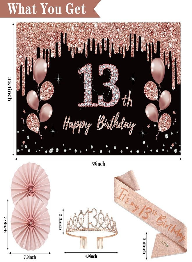 Uiorgui 13th Birthday Decorations for Girls, 33pcs It's My 13th Birthday Crown and Sash, Black Rose Gold 13 th Banner Balloons Backdrop Hanging Swirls Paper Fans, 13 Years Old Party Supplies - Image 3