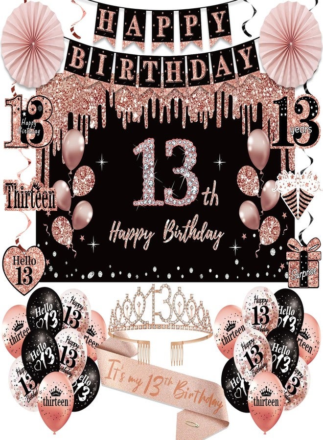 Uiorgui 13th Birthday Decorations for Girls, 33pcs It's My 13th Birthday Crown and Sash, Black Rose Gold 13 th Banner Balloons Backdrop Hanging Swirls Paper Fans, 13 Years Old Party Supplies - Image 1