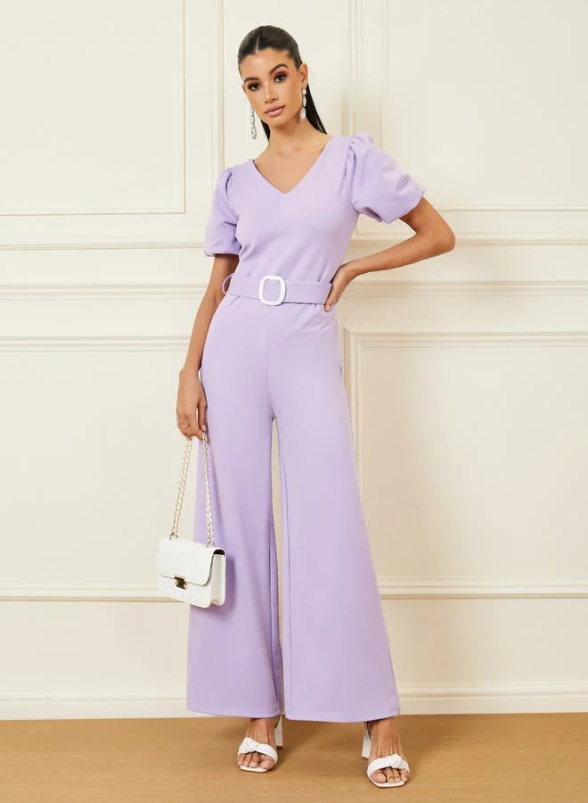 Styli Volume Sleeves Belted Wide Leg Jumpsuit