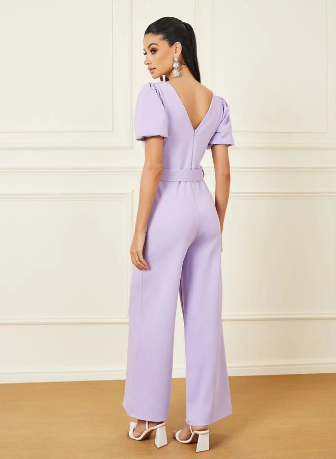 Styli Volume Sleeves Belted Wide Leg Jumpsuit