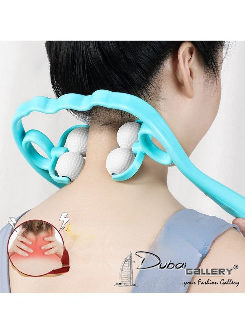 DubaiGallery جهاز تدليك الرقبة، 4 بكرات تدليك للرقبة لتخفيف الألم، جهاز تدليك يدوي للرقبة، جهاز تدليك الرقبة Relaxology لتخفيف آلام الرقبة وآلام العضلات، أزرق - Image 1