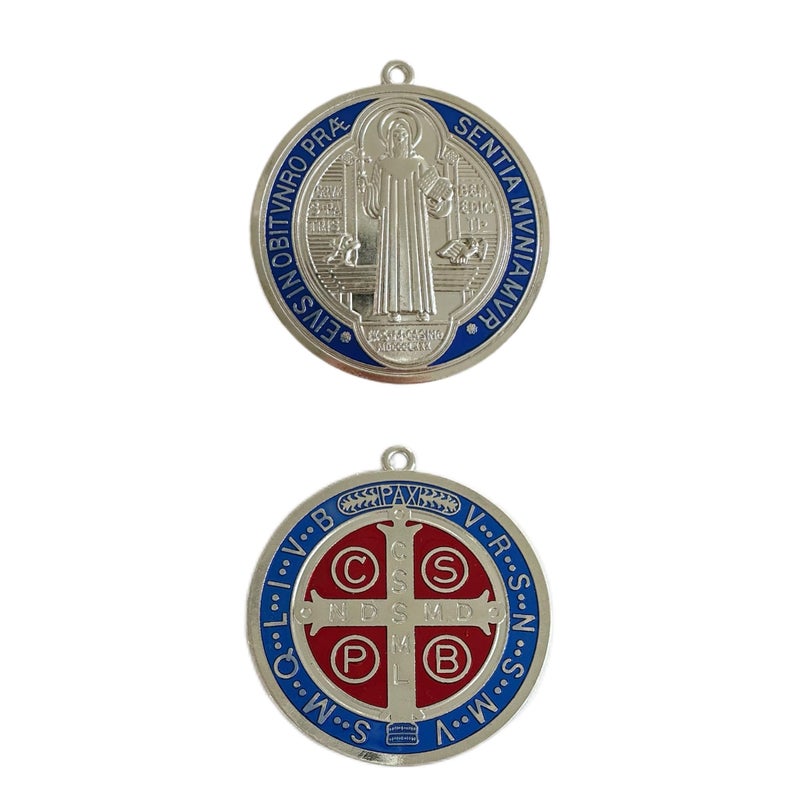Bovemee 2PCS ST BENEDICT CROSS MEDAL 3 INCH VINTAGE BRASS TONE FINISH FOR WALL OR DESK DISPLAY/MEDALLA DE SAN BENITO (Blue) - Image 2