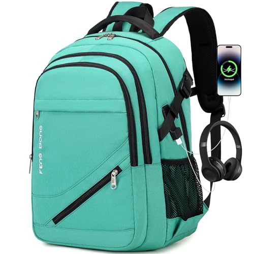FENGDONG 17.3 inch Large Laptop Backpack Durable Waterproof Travel College Backpack Bookbag for Men & Women Business Backpack with USB Charging Port,Headset Port Light Green - Image 1