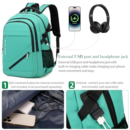 FENGDONG 17.3 inch Large Laptop Backpack Durable Waterproof Travel College Backpack Bookbag for Men & Women Business Backpack with USB Charging Port,Headset Port Light Green - Image 5