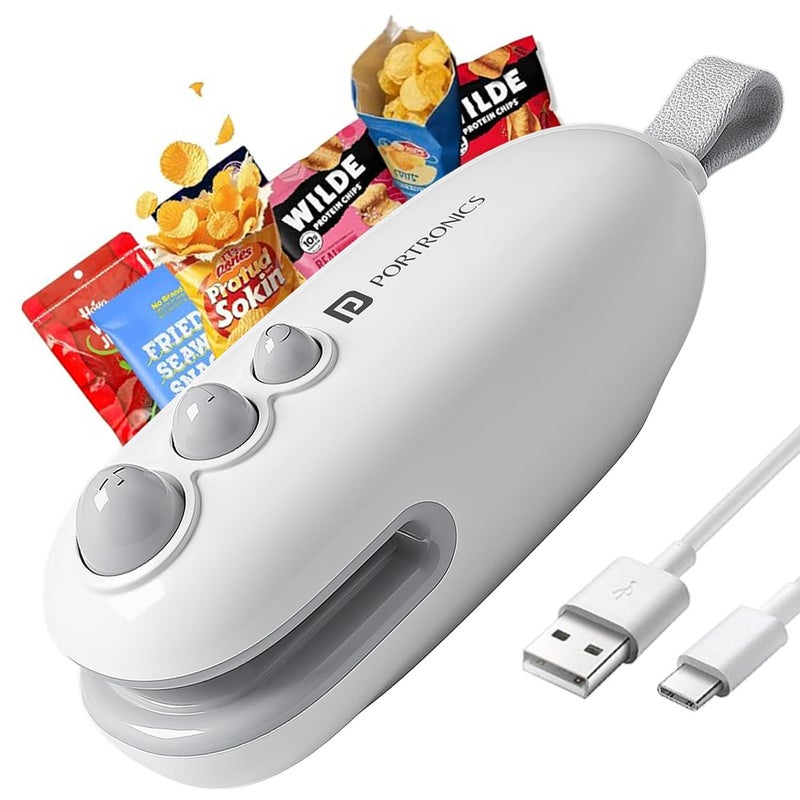 Portronics Locksy 2-in-1 Sealer & Cutter, Portable & Type-C Rechargeable Mini Food Bag Sealer for Food, Chips, Snacks, Traveling Food Packets with Magnet, Strong Heating Clip & Sharp Cutting Blade - Image 1