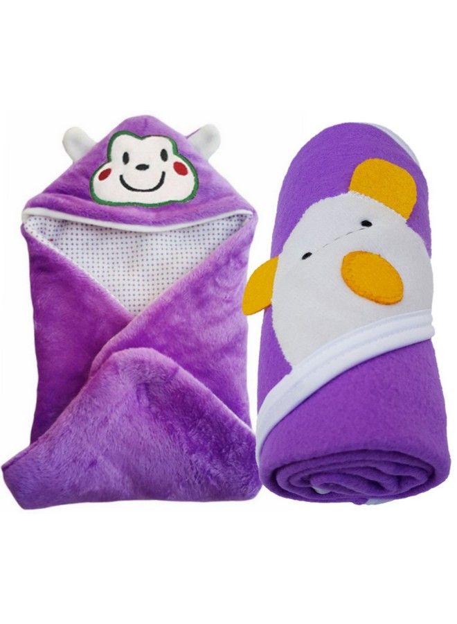 Brandonn مجموعة حديثي الولادة من بطانية بيبي بغطاء رأس من المخمل والشيرينغ (عبوة من 2 بنفسجي) - Image 2