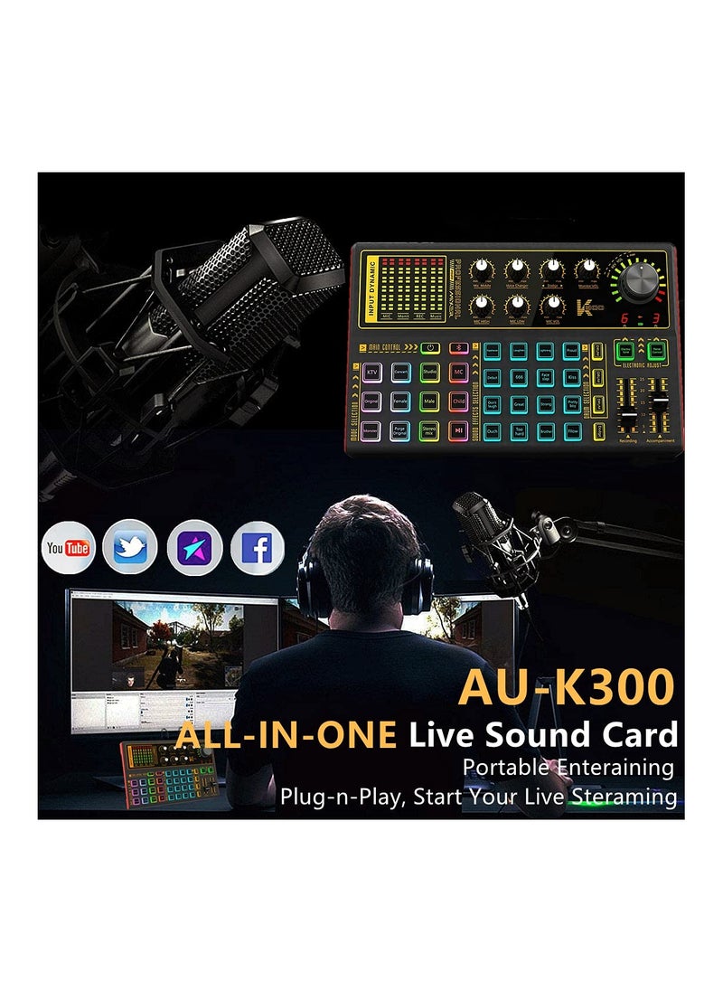 SYOSI - Professional Audio Mixer, K300 Sound Card Live Sound Interface Audio Interface Board with Multiple DJ Mixer Effects,Voice Changer and LED Light for Streaming/Podcasting/Gaming/Recording/YouTube/PC - Image 1