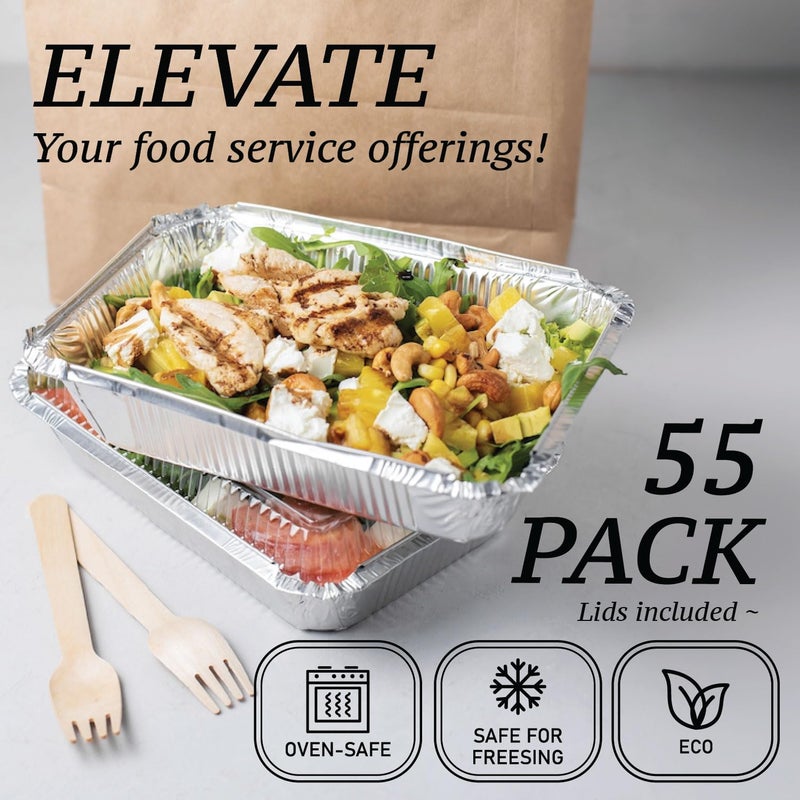 Spare Essentials (55 Count) 2.25LB Aluminum Containers with Lids (8.5"x6") - Disposable Foil Container for Takeout, Baking, Freezing, Food Storage - Aluminum Pans with Lids, To Go Containers - Image 3
