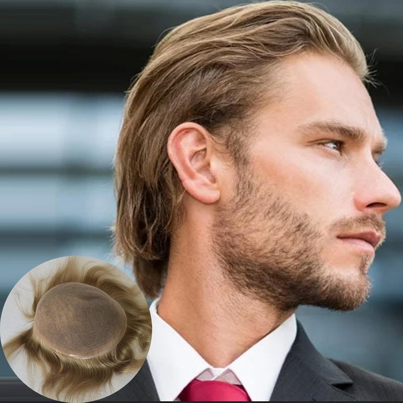 Swiss Full Lace Mens Toupee European Real Human Hair Replacement for Men Hairpiece 18 Ash Blonde Brown Color