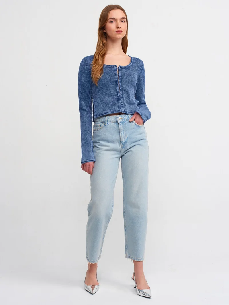 ديلفين 60214 Faded Effect Agraffiti Crop Knitwear Cardigan-Indigo