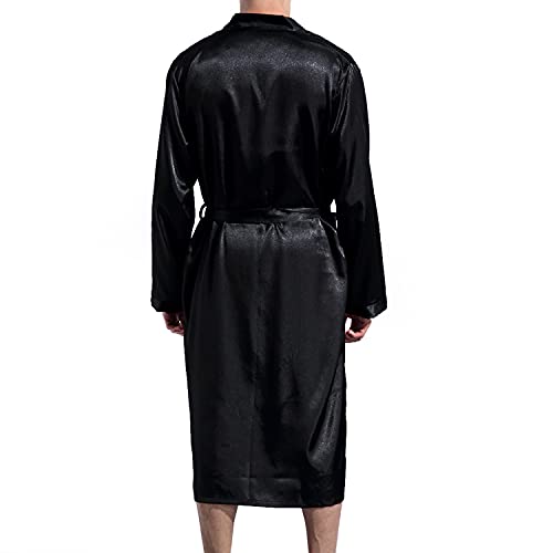 Lu's Chic Men's Silk Robe Lightweight Satin Kimono Summer SPA Lounge Long Sleeve Silky Bath Robe Soft Knee Length Bathrobe with Pocket Black Medium - Image 4