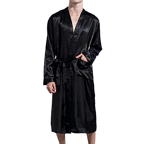 Lu's Chic Men's Silk Robe Lightweight Satin Kimono Summer SPA Lounge Long Sleeve Silky Bath Robe Soft Knee Length Bathrobe with Pocket Black Medium - Image 1