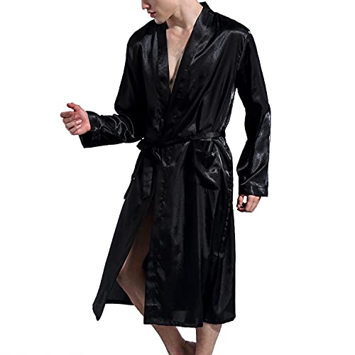 Lu's Chic Men's Silk Robe Lightweight Satin Kimono Summer SPA Lounge Long Sleeve Silky Bath Robe Soft Knee Length Bathrobe with Pocket Black Medium - Image 3