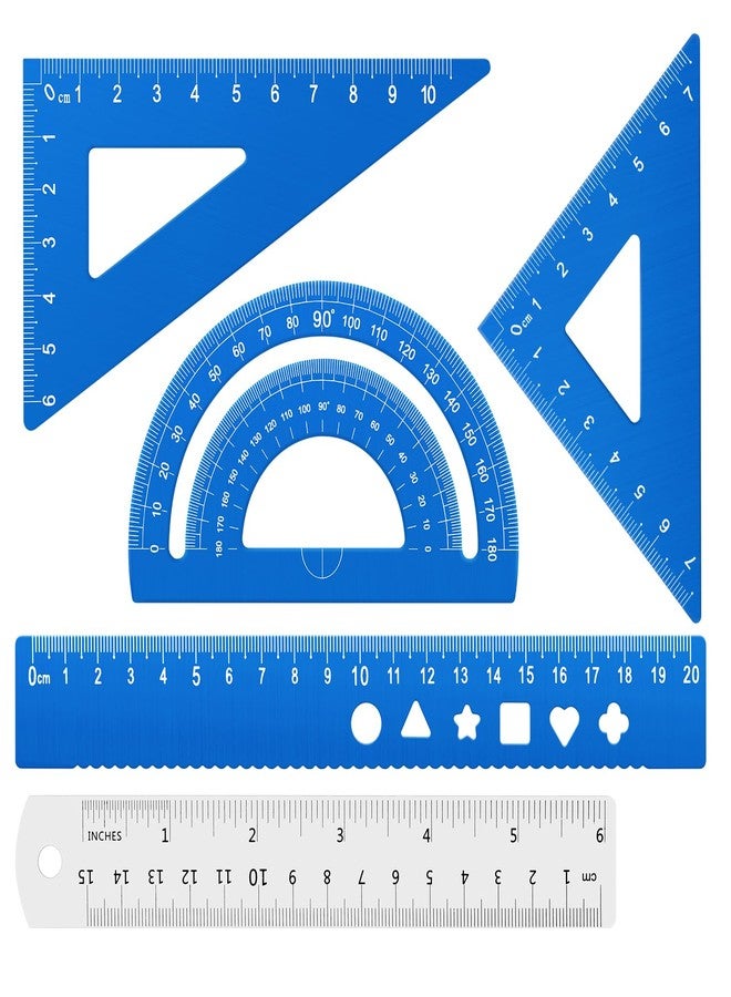 Honagu Triangular Ruler Set, 4+1Pieces Aluminum Alloy Ruler, Metal Drafting Ruler, Geometric Protractor for Students, School Office Supplies (Sky blue, 20cm) - Image 1