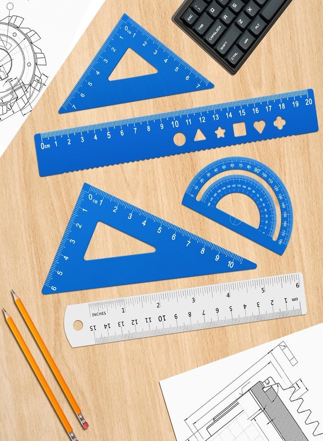Honagu Triangular Ruler Set, 4+1Pieces Aluminum Alloy Ruler, Metal Drafting Ruler, Geometric Protractor for Students, School Office Supplies (Sky blue, 20cm) - Image 5