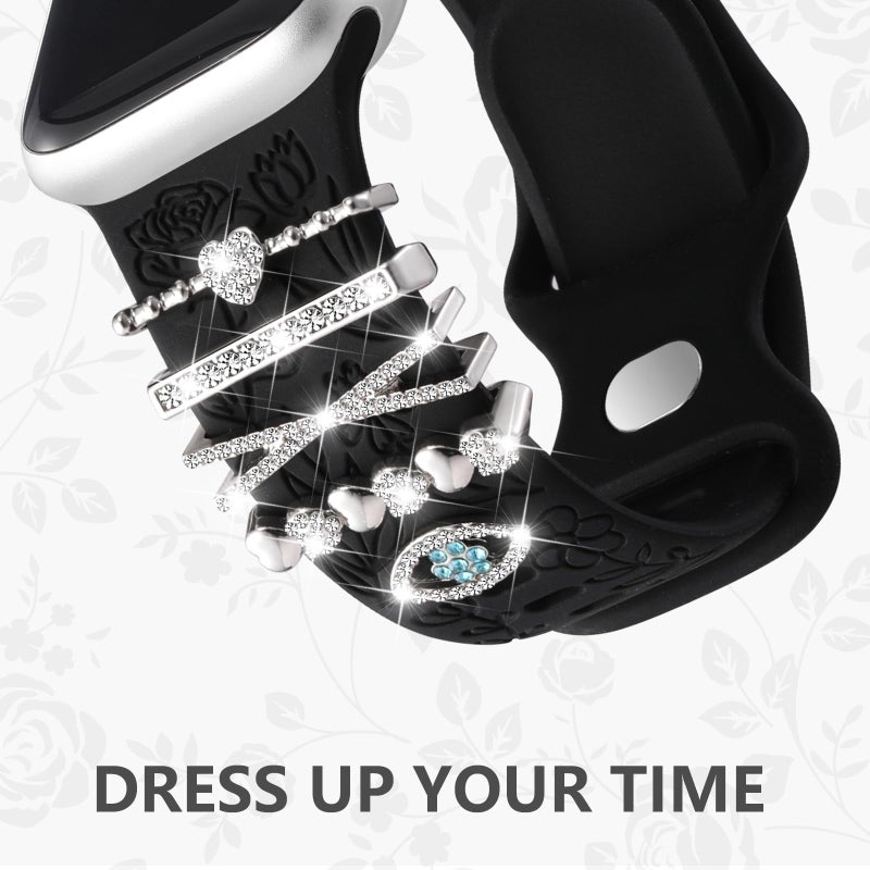 DaQin Flower Engraved Band Compatible with Apple Watch Bands for Women 40mm 38mm 41mm 42mm, Soft Silicone Band With Decorative Apple Watch Charms for iWatch Series 10 9 8 7 6 5 4 3 2 1 SE (With Band) - Image 3