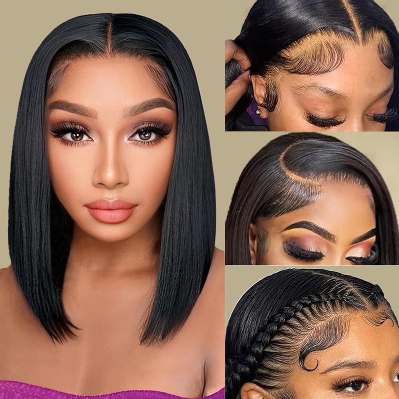 Superfect Bob Wig Human Hair 13x4 Lace Front Wigs Human Hair 14 Inch Straight HD Lace Frontal Short Bob Wigs for Women Pre Plucked with Baby Hair 180 Density Natural Black Color