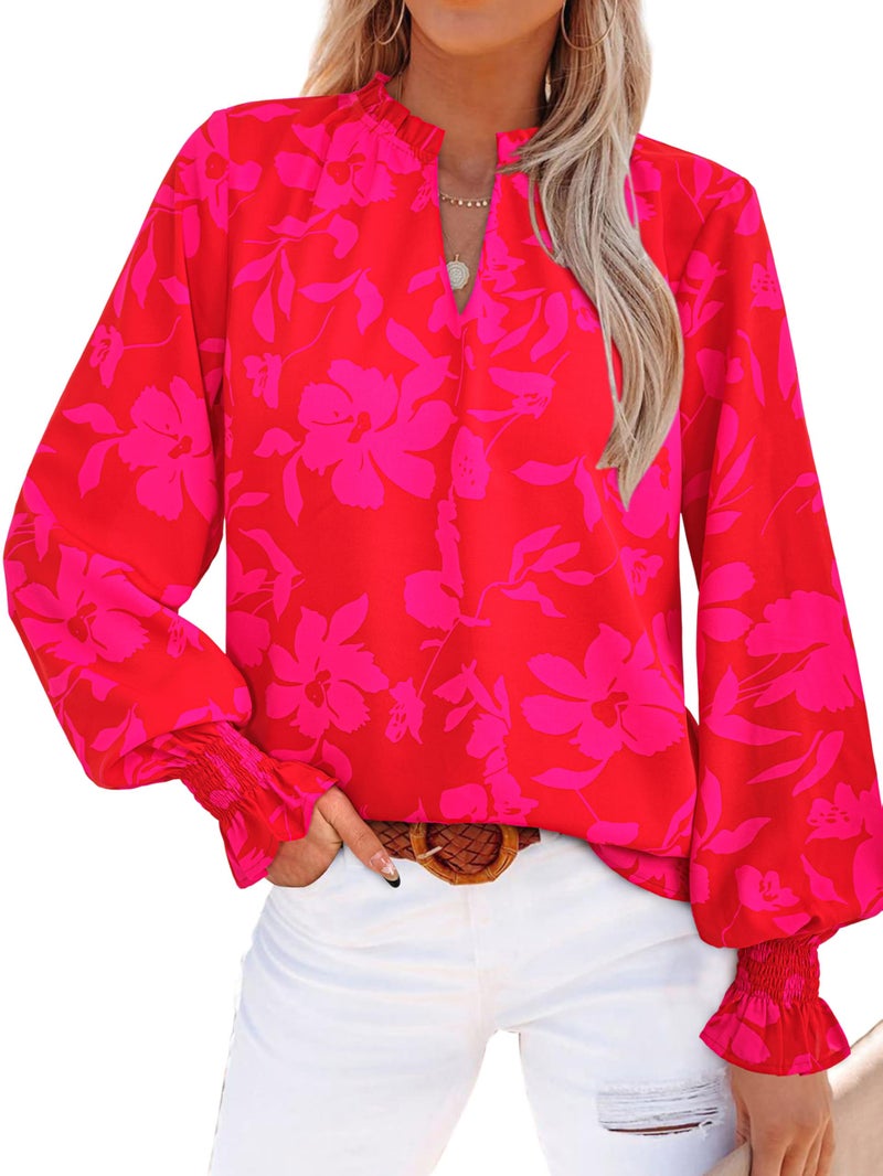 MASCOMODA Womens V Neck Floral Long Sleeve Tops 2026 Summer Casual Loose Puff Sleeve Chiffon Boho Work Blouse Dressy T Shirts(Red Big Floral,Medium) - Image 1