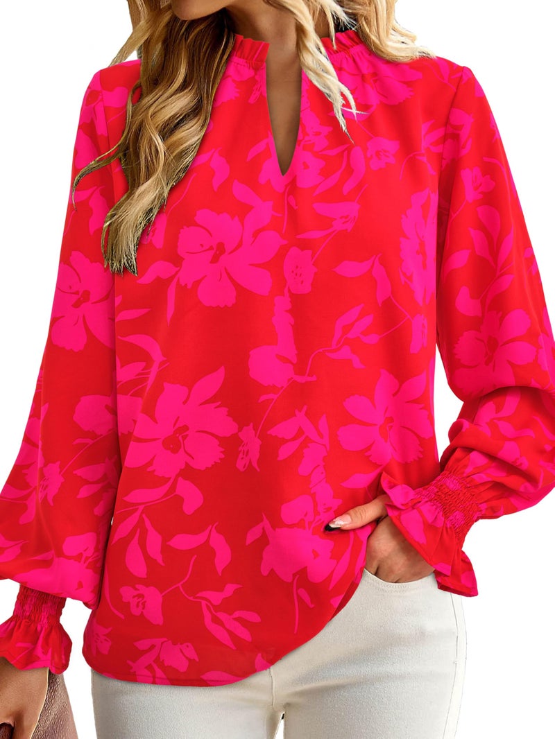 MASCOMODA Womens V Neck Floral Long Sleeve Tops 2026 Summer Casual Loose Puff Sleeve Chiffon Boho Work Blouse Dressy T Shirts(Red Big Floral,Medium) - Image 3