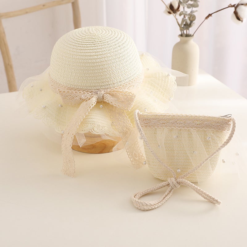 23 Baby Girls Sunshade Hat Summer Thin Girls Sunscreen Hat Sun Hat Beach Princess Childrens Straw HatD-576 Pearl Rice White D-576 Pearl Rice White