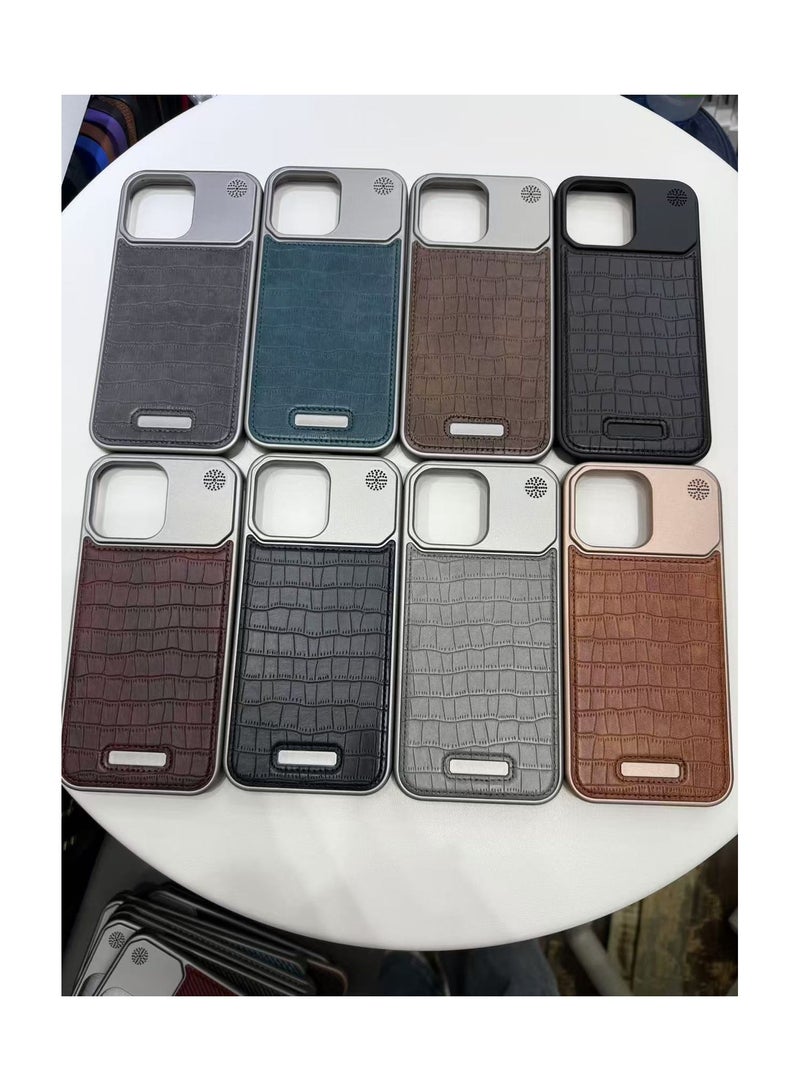 جراب iPhone 16plus مصنوع من سبائك الألومنيوم المعدني بنقشة جلد التمساح بدون حواف مع خاصية الشفط المغناطيسي للعلاج بالروائح (بني غامق) - Image 2